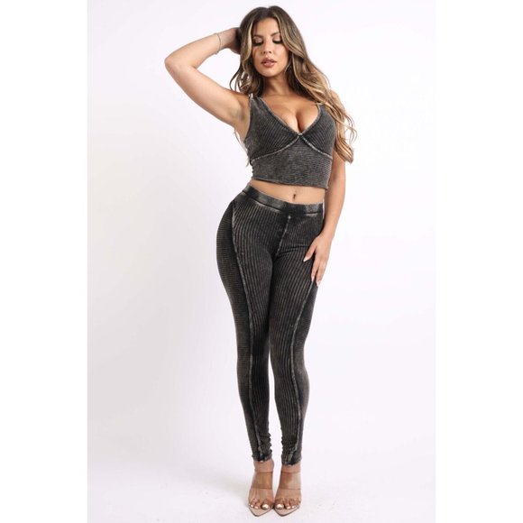 Womens Mineral Washed Crop Top and Matching Leggings Outfit Set Super Cute XS-3X - Picture 4 of 11